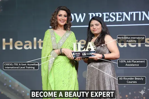A professional comparison and highlights table of Meribindiya International Academy versus Nisha Lamba Academy, displayed in a golden frame inside a luxury salon setting. The chart lists key features like international certifications (CIDESCO, ITEC), 100% placement support, and diverse course options. The bottom of the frame prominently features the reference text 'BECOME A BEAUTY EXPERT' in elegant gold lettering.