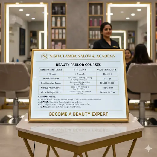 A professional table chart of Nisha Lamba Salon & Academy beauty courses displayed on a golden frame. The table includes details for Professional Hair Course, Beautician Course, Hair Extension, and Makeup Artist courses with their duration and fees. At the bottom, it features the reference text 'BECOME A BEAUTY EXPERT' in bold gold letters, set against a modern salon background.