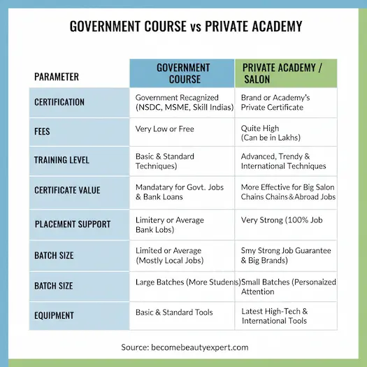 Comparison table of Government Beauty Courses vs Private Academy Courses. It details differences in certification (NSDCMSME vs Private Brand), fees (Low vs High), and placement support (Limited vs 100% Job Guarantee). Source becomebeautyexpert.com