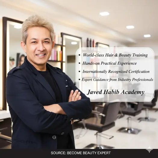 Ek professional promotional poster jisme hair stylist Javed Habib ek modern hair academy ke andar khade hain. Image par Javed Habib Academy ki khasiyat jaise world-class training aur practical experience points mein likhi hui hai. Neeche 'Source Become Beauty Expert' ka tag hai.