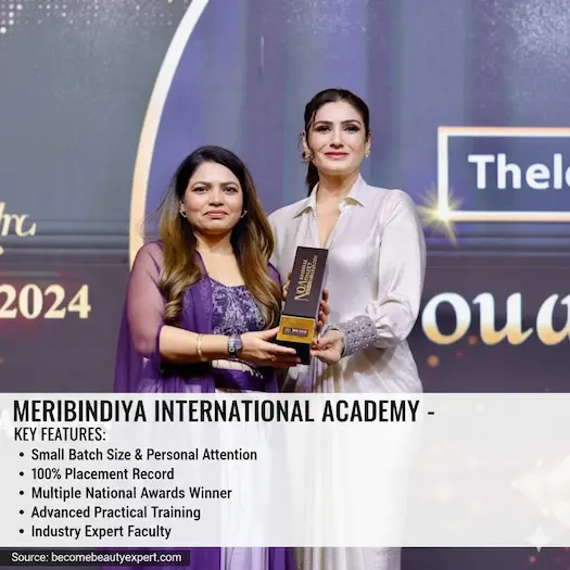 MeriBindiya International Academy highlights and achievements infographic by Become Beauty Expert.