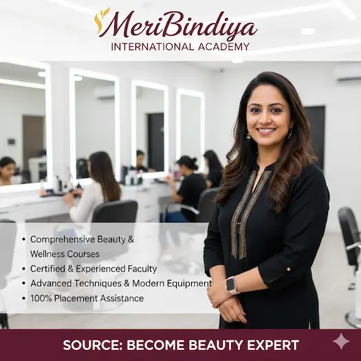 Meribindiya International Academy ka promotional poster jisme professional beauty training ki khasiyat batayi gayi hai. Points mein World-class training, hands-on practical experience aur international certification ka zikr hai. Background mein ek modern aur high-end salon academy dikhayi gayi hai.