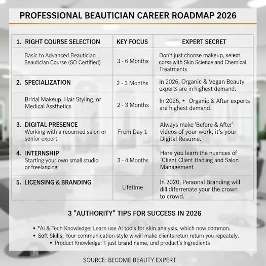 Professional Beautician Career Roadmap 2026 table showing steps from course selection to licensing, including expert secrets for success in the beauty industry. Source Become Beauty Expert.