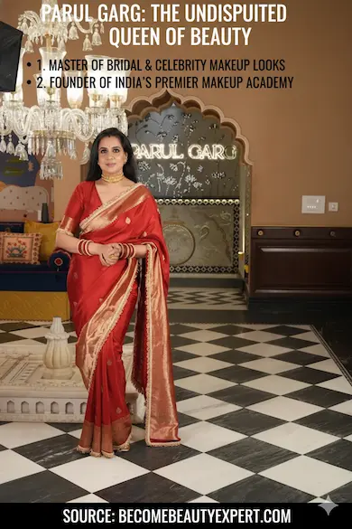 Professional makeup artist Parul Garg in a red silk saree standing in a luxury studio setting. The image includes text highlights about her expertise in bridal makeup and airbrush techniques, with source credit to Become Beauty Expert.