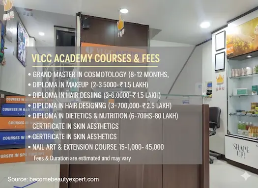 VLCC Academy courses and fees structure details with international certification info, source becomebeautyexpert.com