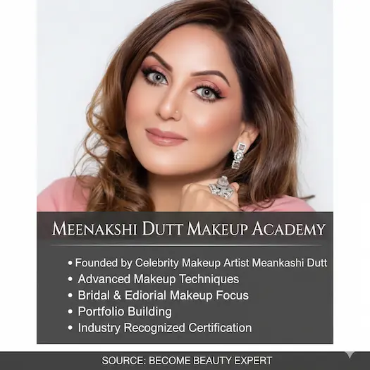 A professional promotional poster featuring the same elegant woman in a red and gold saree within a luxurious setting. The text overlay is updated for Meenakshi Dutt Makeup Academy. The bullet points in English highlight Led by Iconic Artist Meenakshi Dutt, Focus on Signature Bridal Looks, Expert Hair Styling Sessions, Professional Portfolio Development, and Global Recognition & Certification. The bottom of the image features the source credit 'SOURCE BECOME BEAUTY EXPERT'.