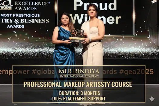 Meribindiya International Academy Professional Makeup Artistry Course poster featuring an award ceremony with Kajol, 3 months duration, and 100% placement support.